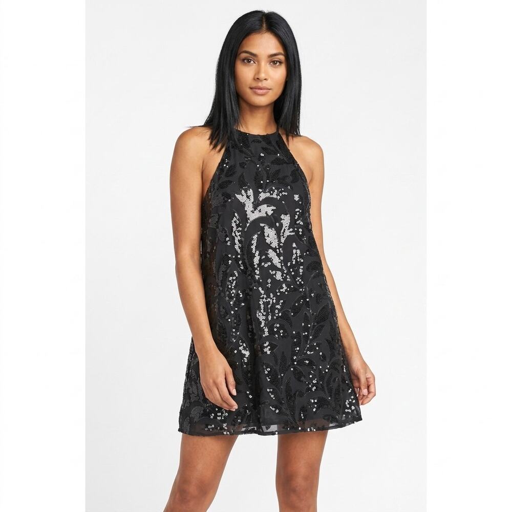 show me your Mumu Gomez Mini Dress Black Sequin Halter Shift Size Small